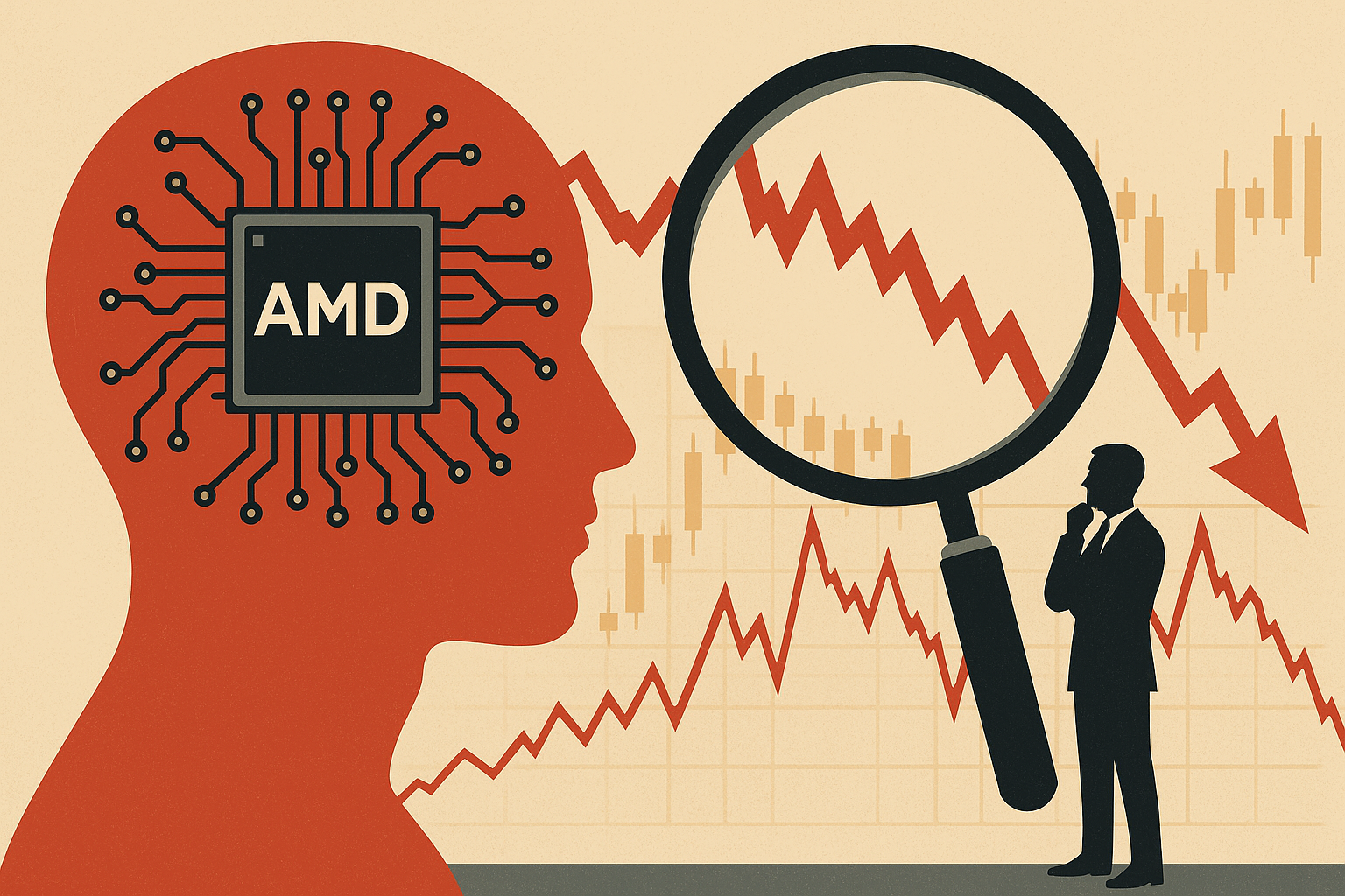 A symbolic illustration showing a red human head with an AMD chip inside, a magnifying glass analyzing a falling stock chart, and a businessman observing with concern.
