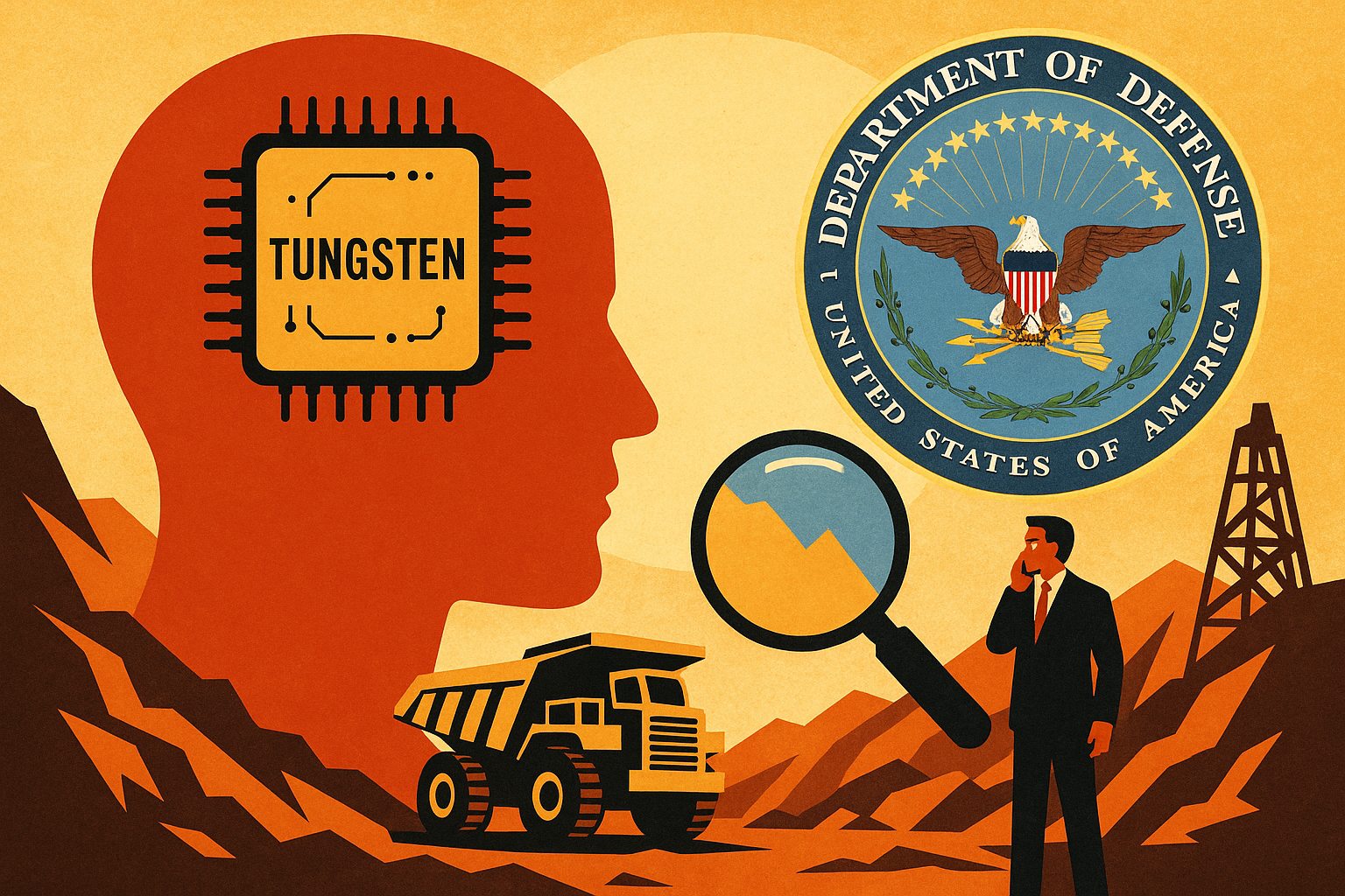 A stylized digital illustration showing a red human head with a tungsten chip inside, a mining truck in rocky terrain, the U.S. Department of Defense seal, and a businessman analyzing the scene with a magnifying glass.