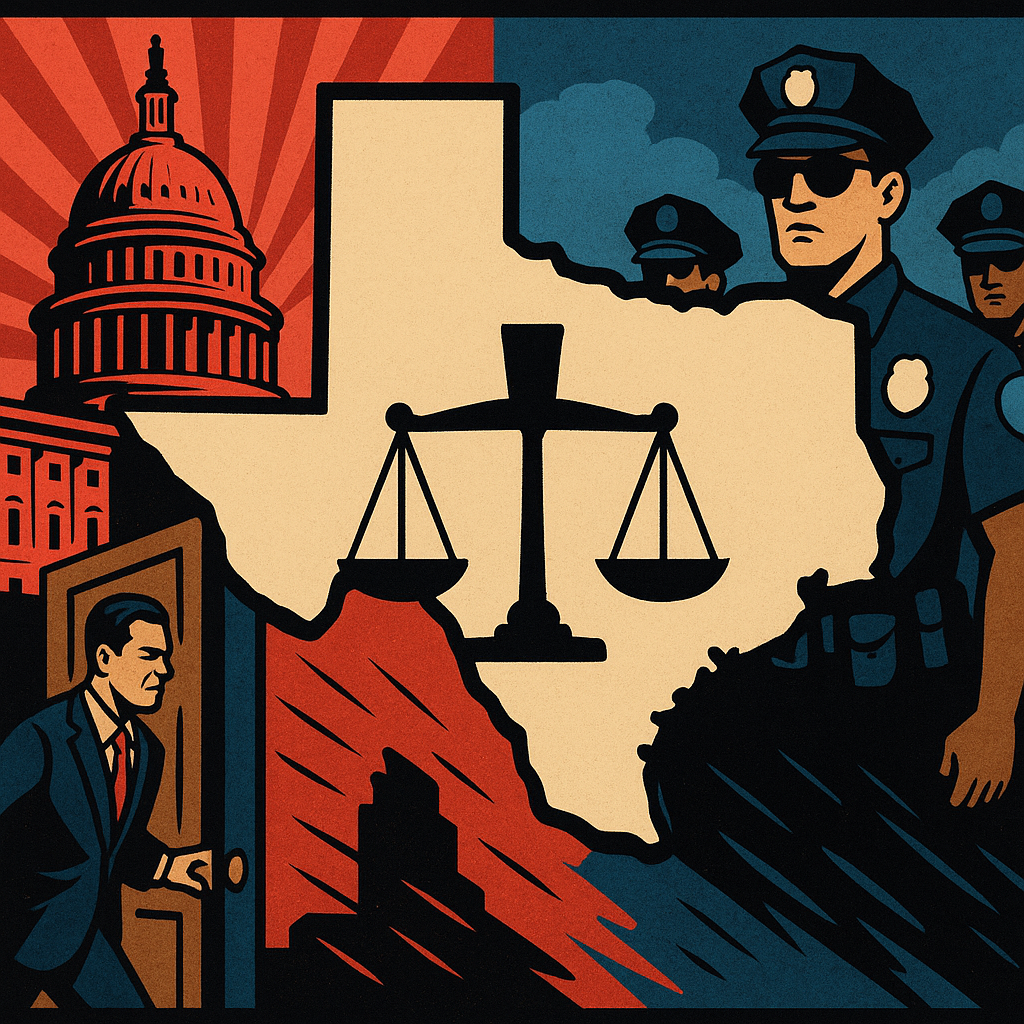 Illustrated political image showing Texas map between the Capitol building and police officers, with a justice scale in the center, symbolizing political conflict and governance issues.