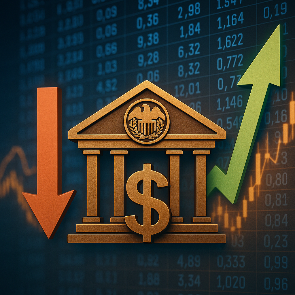 Illustration of a Federal Reserve building flanked by a downward red arrow and an upward green arrow, with financial charts in the background.