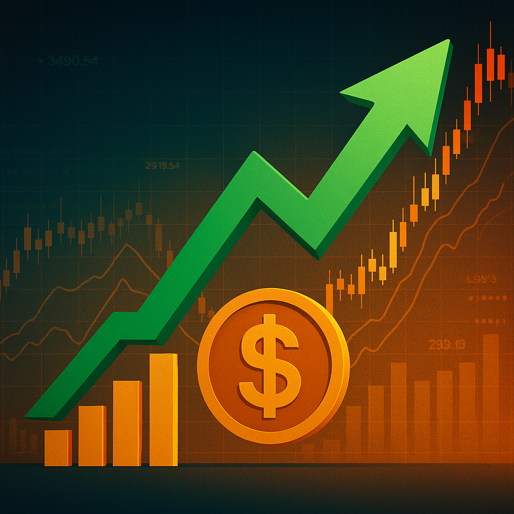 Illustration of a large green upward arrow with a dollar sign and gold bar chart against a background of rising stock charts and financial data.