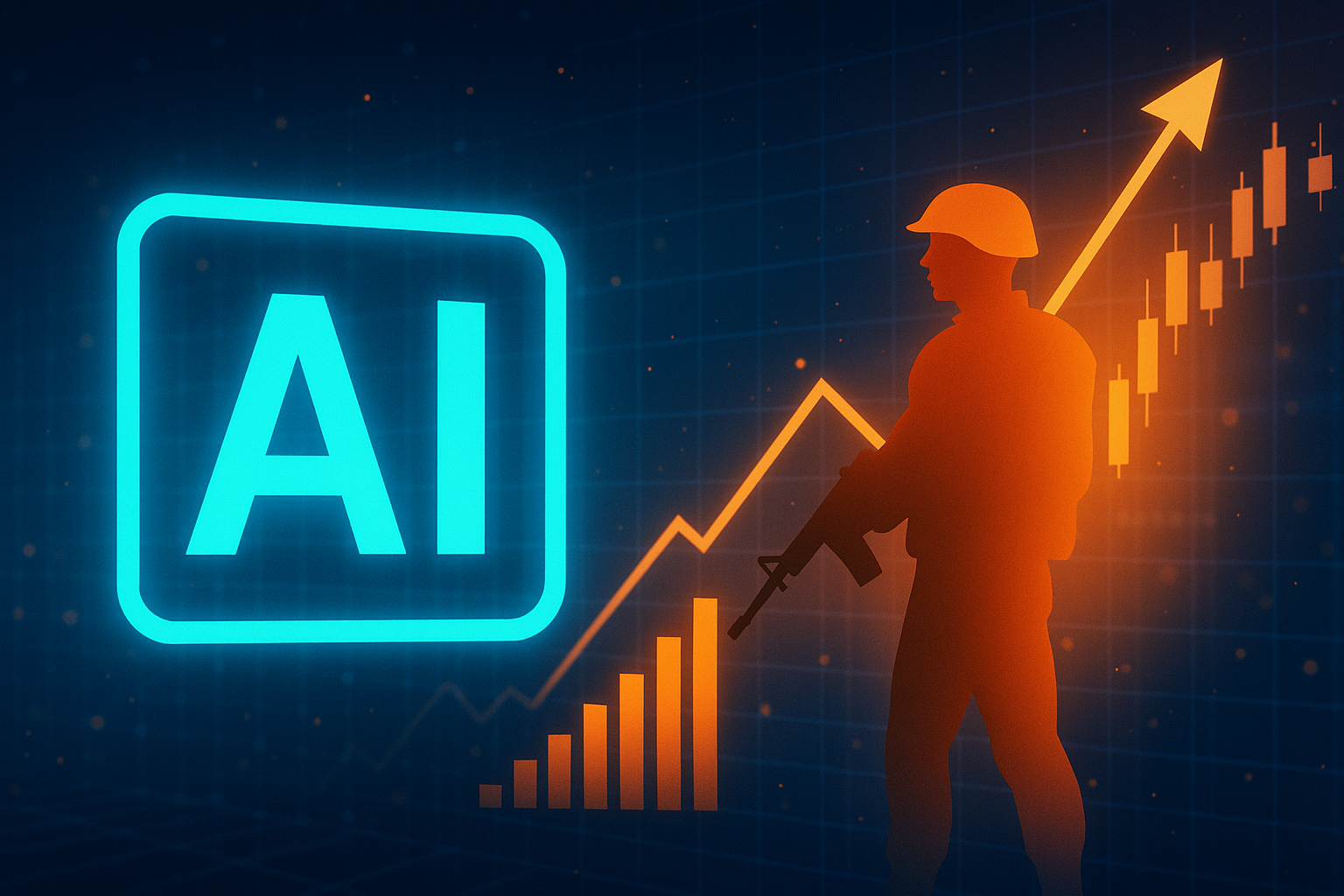 Illustration of a glowing blue AI symbol beside an orange silhouette of a soldier with financial growth charts and data lines in the background.