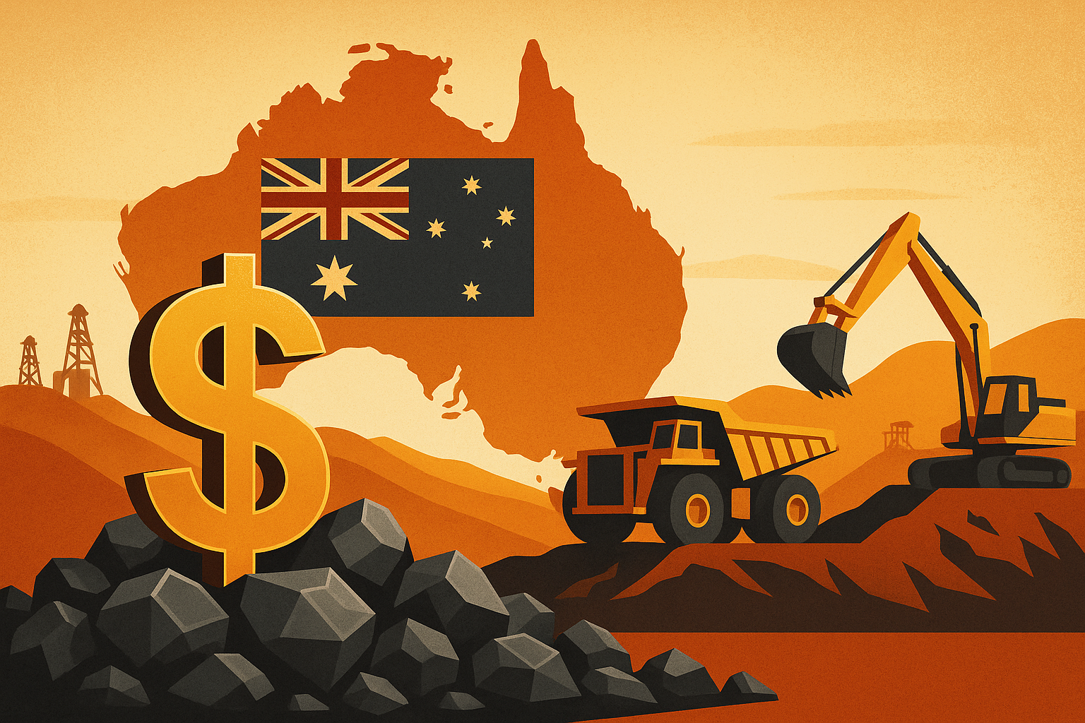 Illustration of Australia's mining sector showing a golden dollar sign on rocks, mining equipment, and the Australian map in the background.
