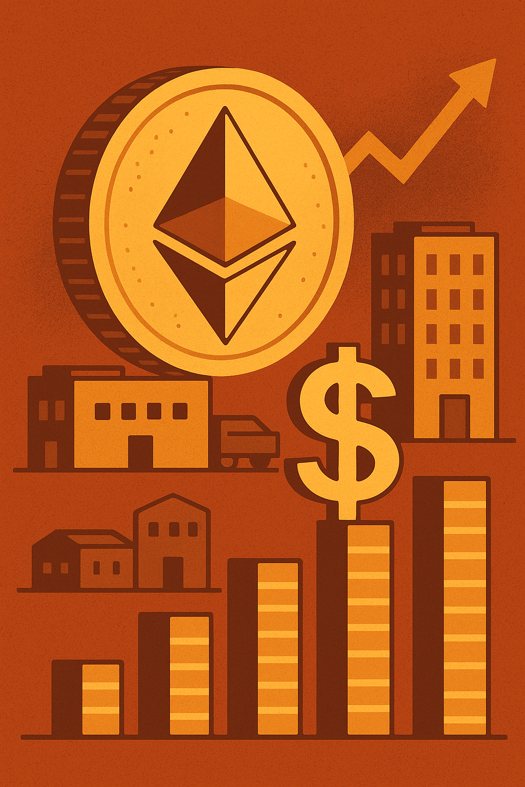 Digital illustration of a large Ethereum coin rising above growing bar charts and buildings, symbolizing corporate Ether investment.