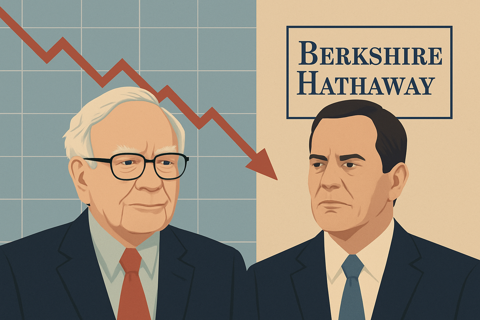 Illustrated image of Warren Buffett and Greg Abel with a downward stock market graph and Berkshire Hathaway logo in the background