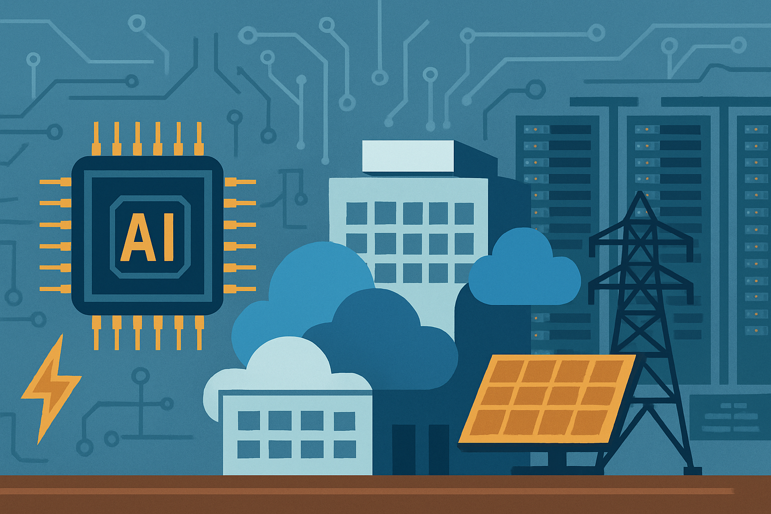 Illustrated image of data centers, AI microchip, solar panels, power lines, and cloud icons representing AI infrastructure and sustainable technology.