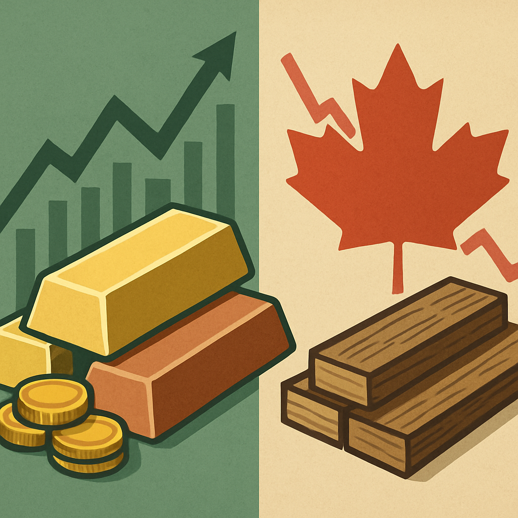 Illustration of stacked gold bars and copper pipes rising on a financial graph, beside a lumber mill backed by the Canadian flag.