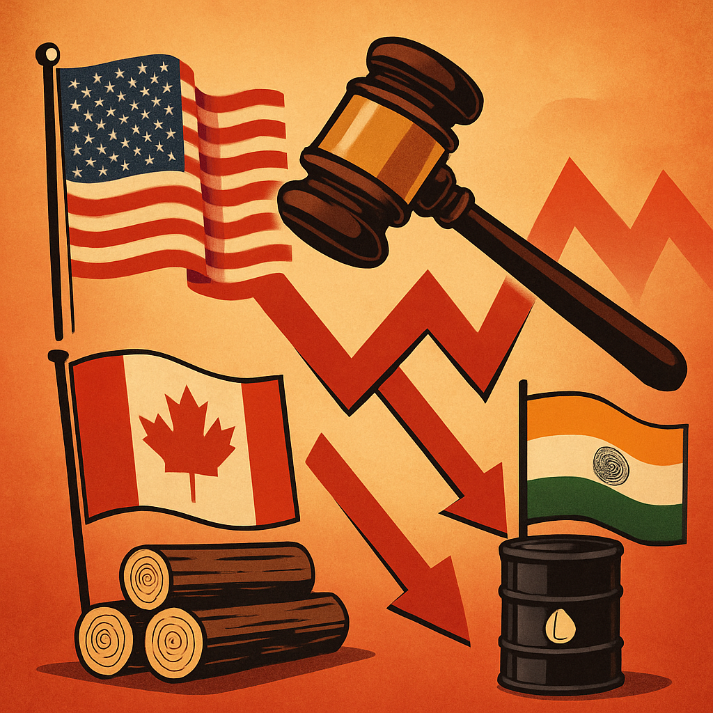Illustration showing U.S., Canadian, and Indian flags, a judge’s gavel, red downward arrows, wood logs, and an oil barrel symbolizing trade disputes and commodity market impacts.
