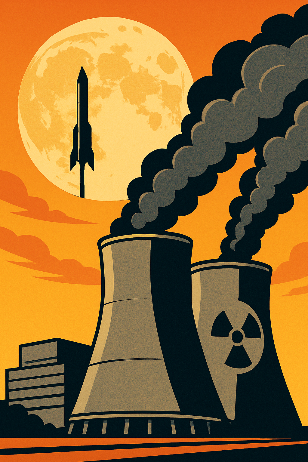 Illustration of nuclear power plant cooling towers with smoke, a rocket launching in front of the Moon, symbolizing nuclear energy's rise and space integration.
