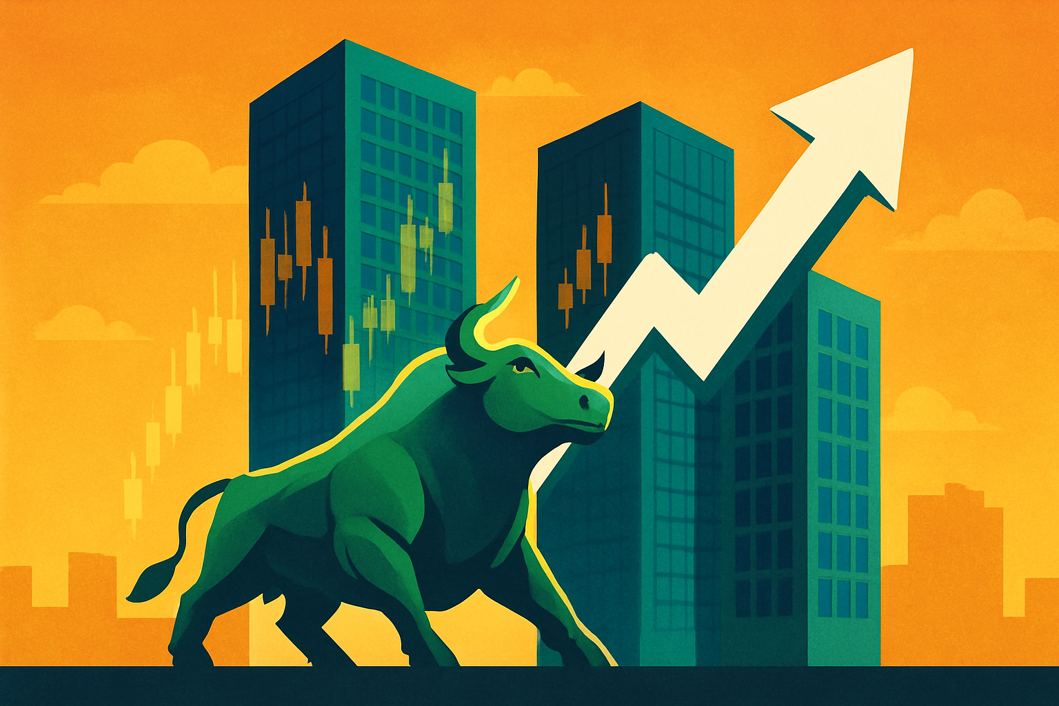 Illustration of a bullish stock market graph rising over a Canadian city skyline, with tech icons and the U.S. flag in the backdrop.