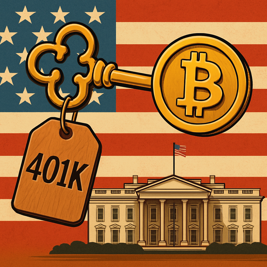 Illustration of a golden key with a Bitcoin symbol and a "401K" tag, set against the U.S. flag and the White House