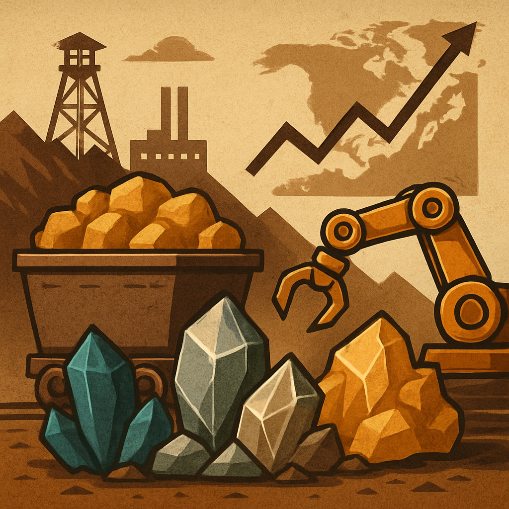 Illustrated scene of a mining cart, robotic arm, and colorful mineral crystals set against a mountainous industrial landscape with a global upward trend arrow