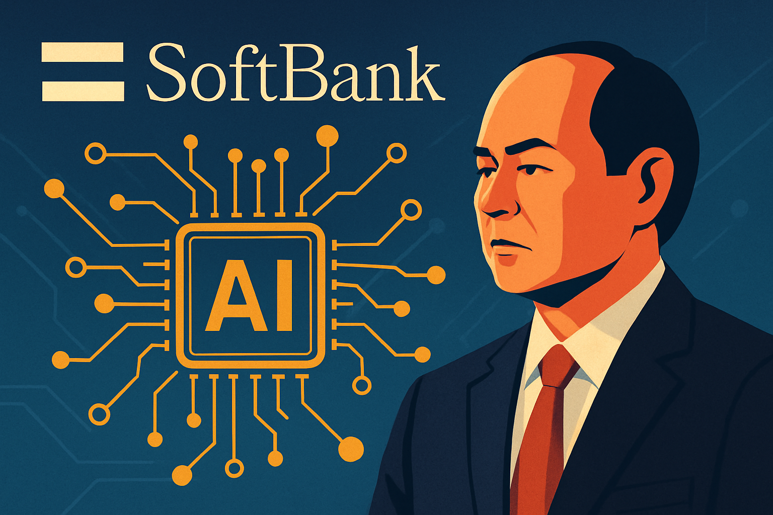 Illustration of a businessman beside a digital AI chip and SoftBank logo, symbolizing AI investment strategy.