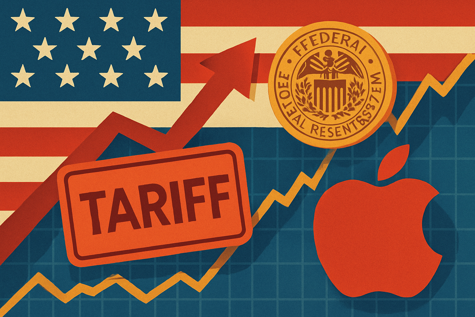 Illustration depicting a U.S. flag, a rising stock chart, the Federal Reserve seal, a tariff sign, and the Apple logo, symbolizing economic forces influencing market performance.
