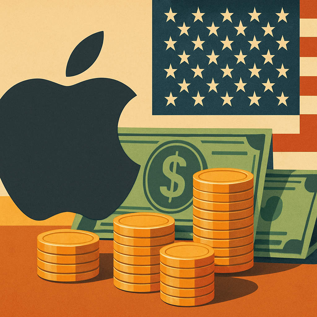 Illustration of Apple logo beside stacks of coins, U.S. dollar bills, and an American flag backdrop.