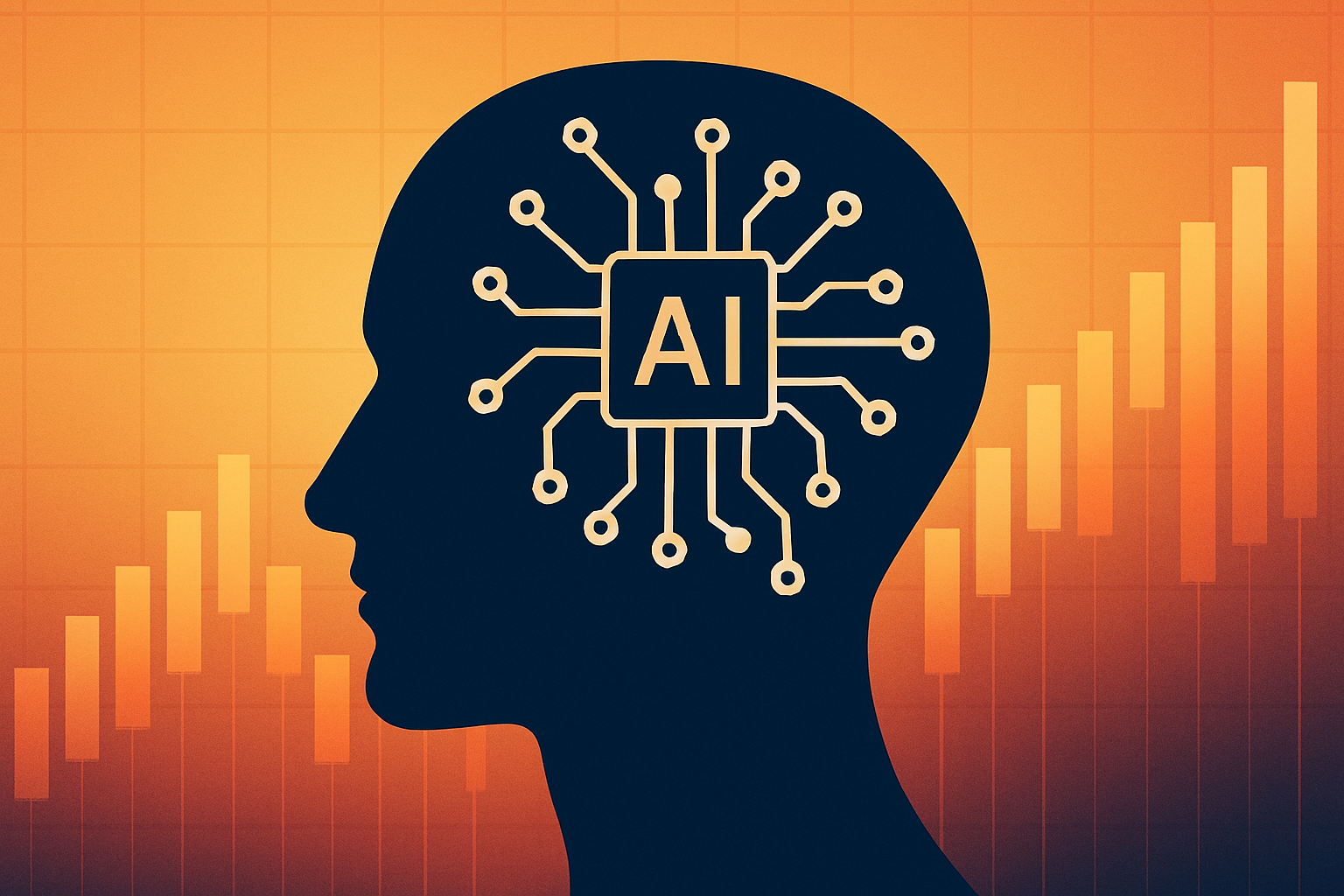 Alt Text: Silhouette of a human head with AI circuit design inside, set against a background of rising stock market bars.