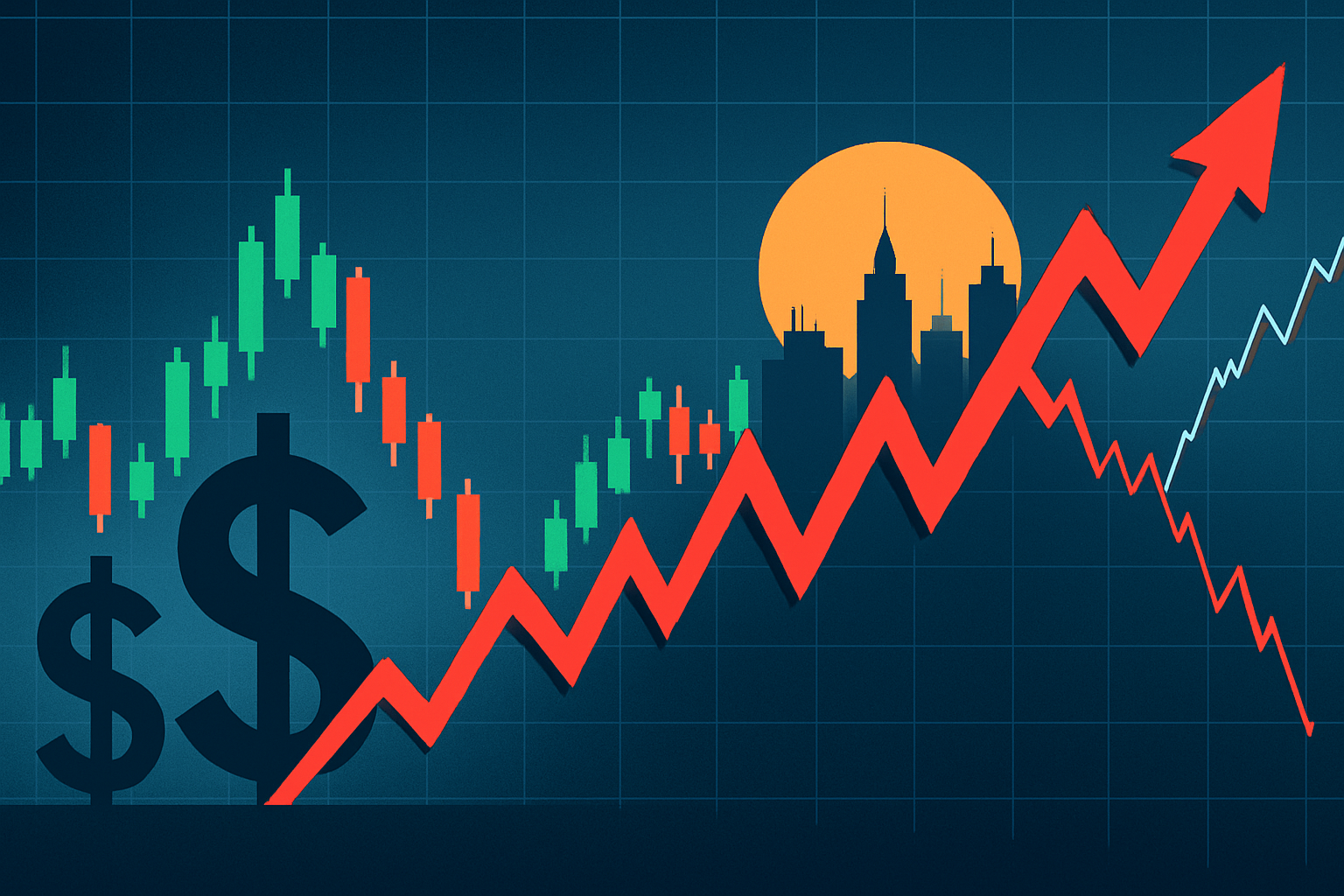 Illustration of financial market volatility with candlestick charts, dollar signs, red zigzag arrow, and a city skyline at sunset.