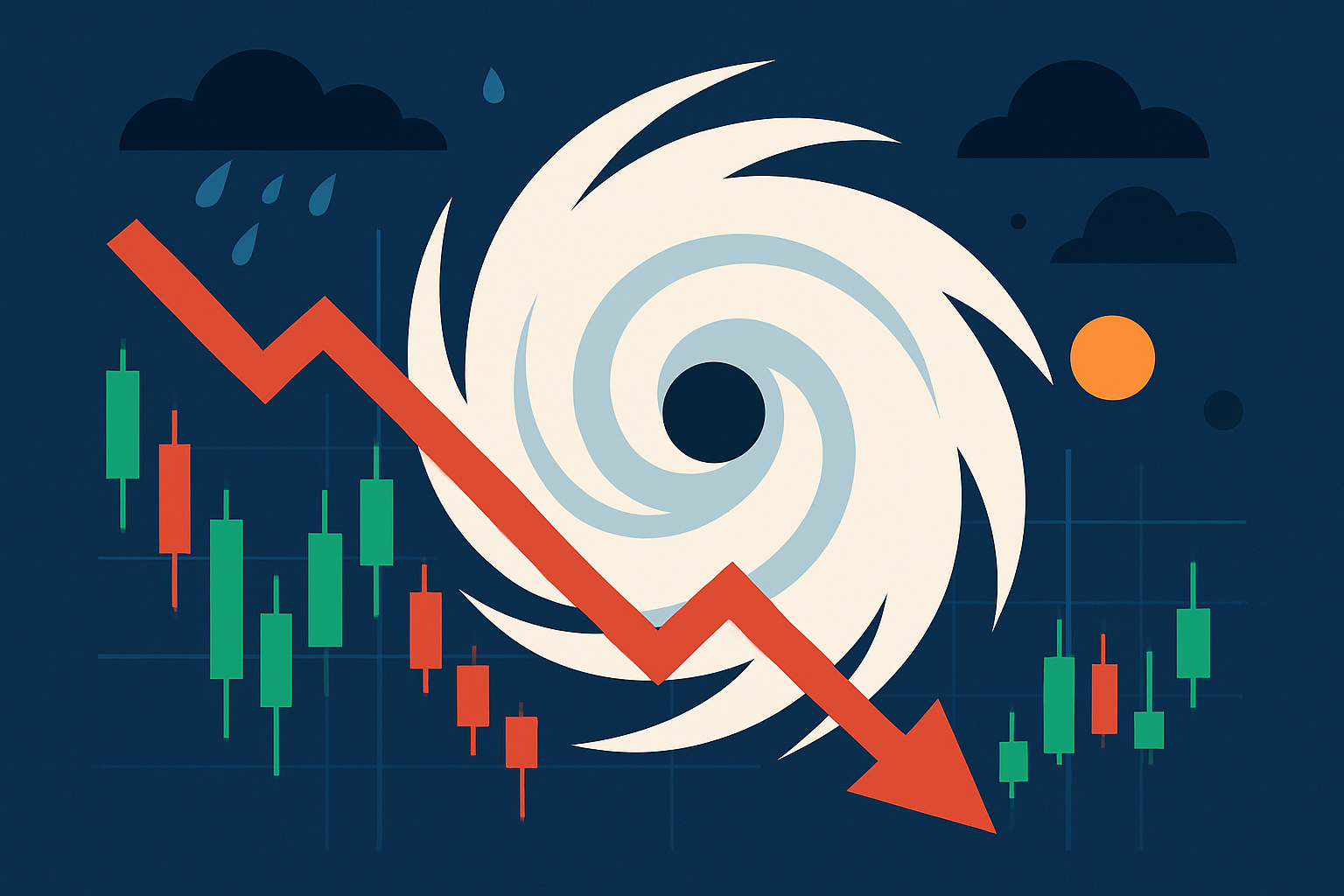 An abstract digital illustration of a storm brewing over a financial district skyline, symbolizing market volatility.