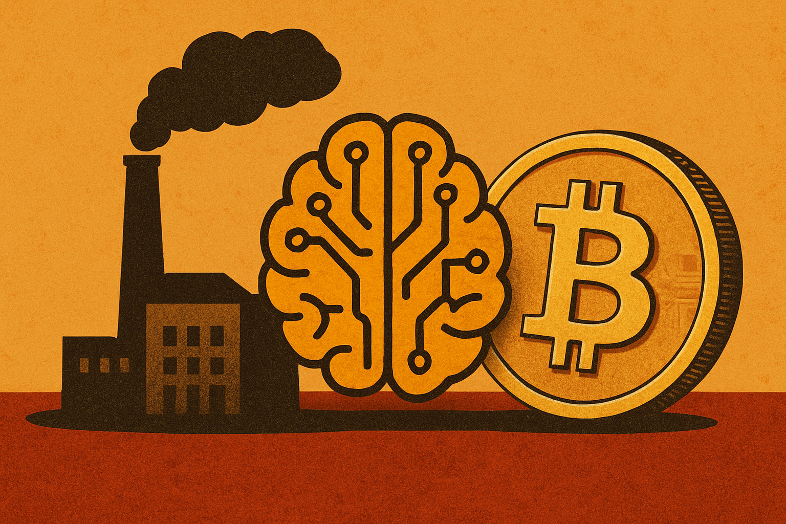 Abstract illustration of cryptocurrency, renewable energy, and mining elements blending into a connected global network.