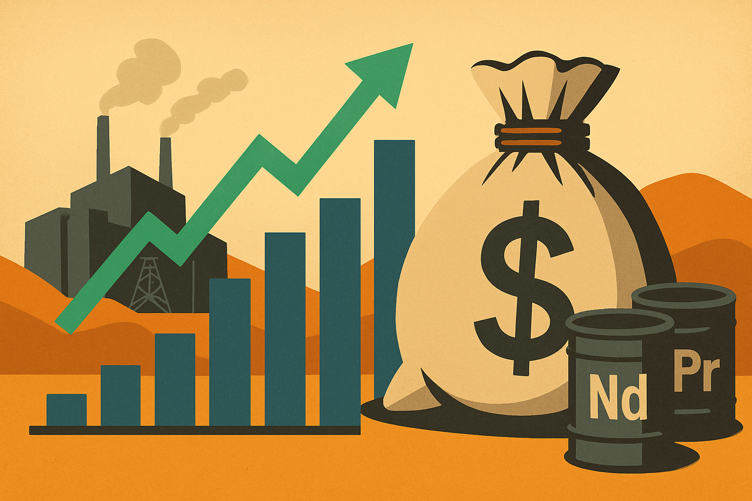 Symbolic illustration of rare earth mining and financial growth featuring mining facilities, NdPr barrels, a money bag, and an upward-trending graph.