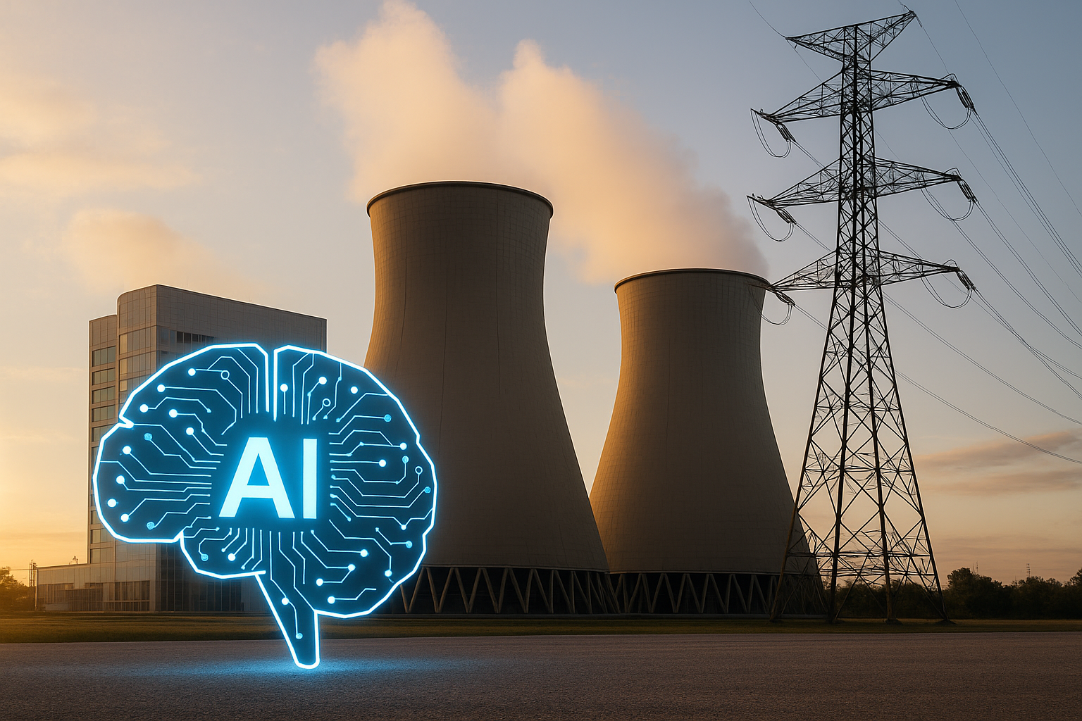 A photorealistic scene showing power plant cooling towers, electrical transmission lines, and a glowing digital brain symbol representing artificial intelligence integrated with U.S. infrastructure.