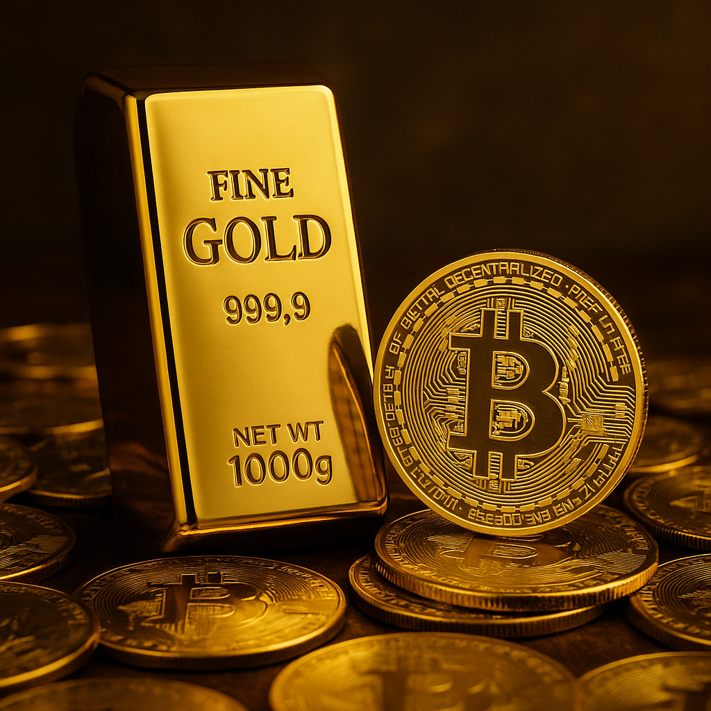 A photorealistic image of a gold bar surrounded by gold coins, with a Bitcoin-style digital token placed beside it, symbolizing the intersection of precious metals and digital assets.