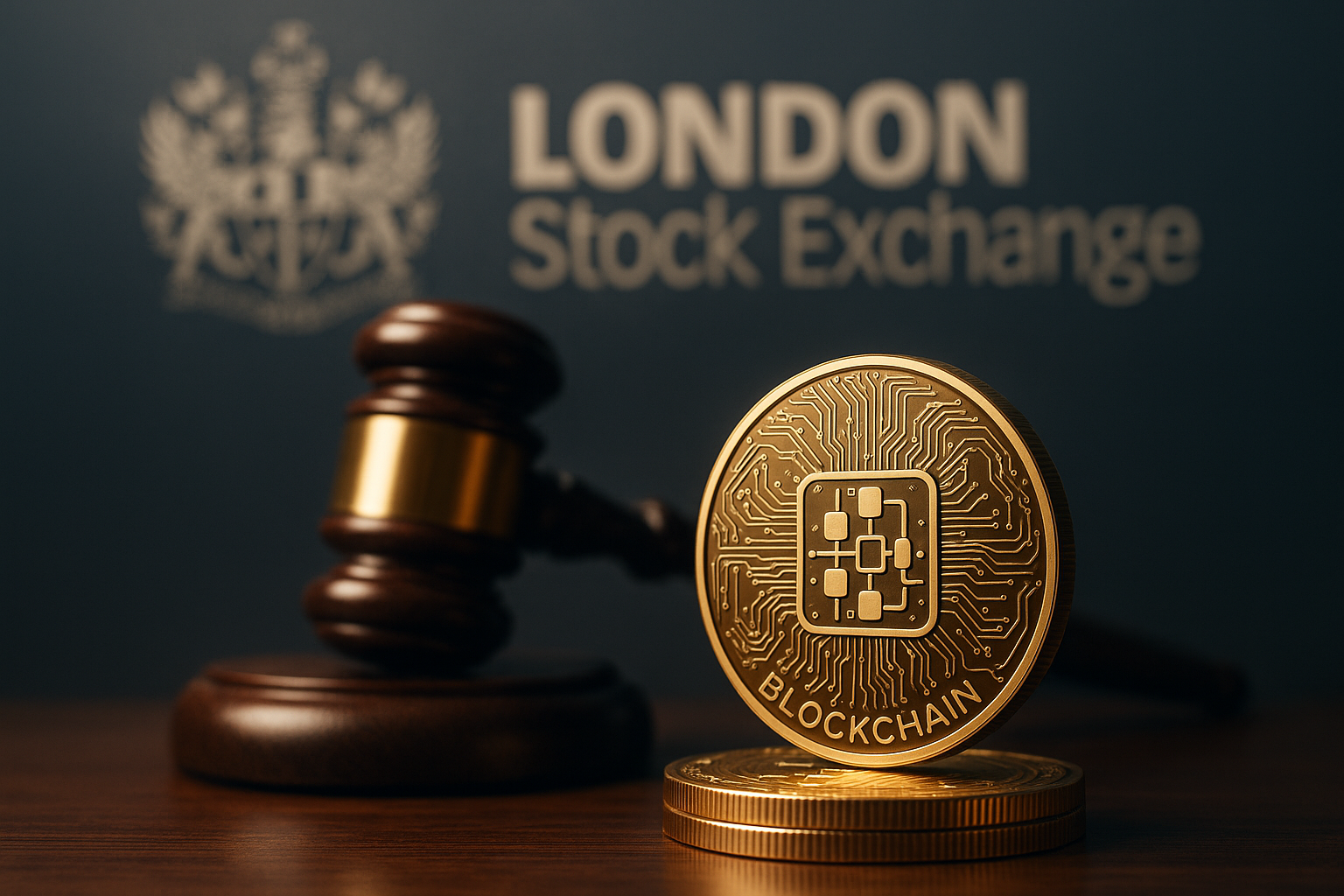 Gold blockchain coin standing on a stack of coins beside a judge’s gavel, with the words “London Stock Exchange” blurred in the background.