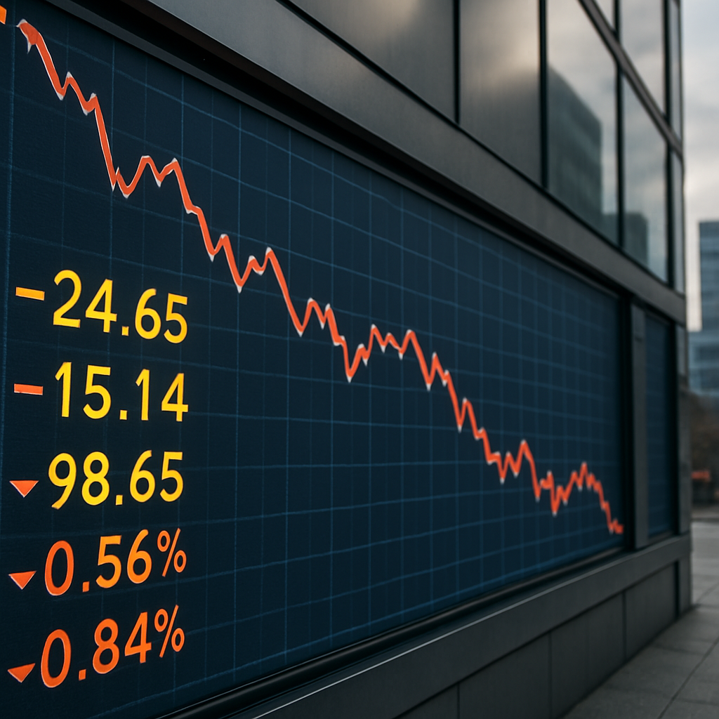 A photorealistic image of an outdoor stock-market display on a modern glass building, showing a falling red line graph and negative market indicators.