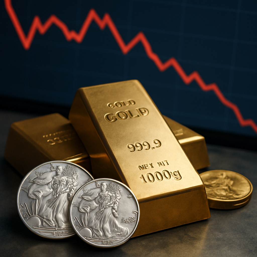 A photorealistic arrangement of gold bars and silver coins with a blurred downward red market graph in the background, symbolizing a flight to safe-haven assets.