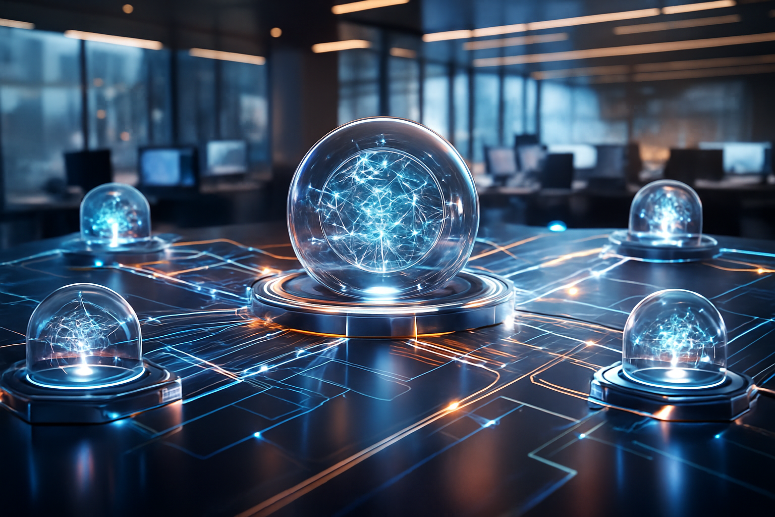 A photorealistic scene of interconnected glowing AI spheres on a futuristic table inside a modern office, symbolizing multi-AI agent collaboration.