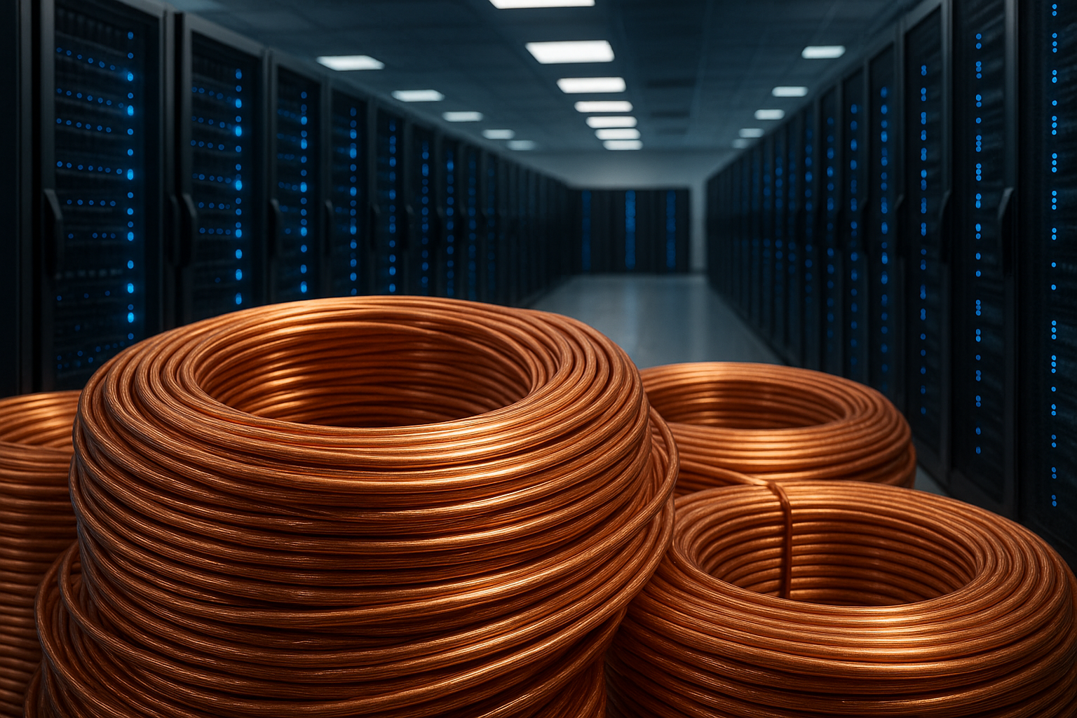 Stacks of coiled copper wiring in the foreground with a large, modern data center featuring rows of server racks in the background.