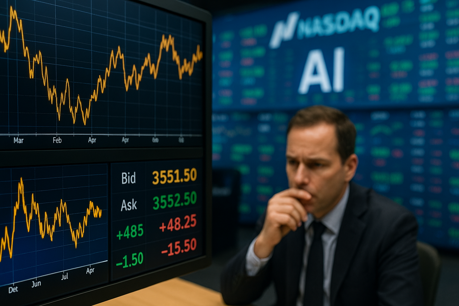 A trader in a suit studies stock market charts on a monitor, with fluctuating price graphs and a blurred trading-floor backdrop featuring electronic boards.