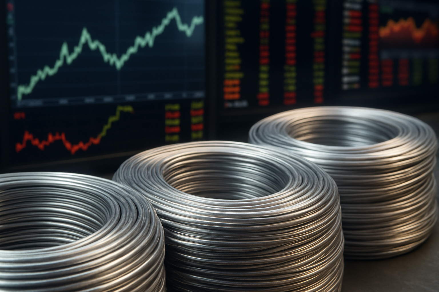 Coiled stacks of polished silver wire in front of blurred financial market screens showing fluctuating charts and pricing data.