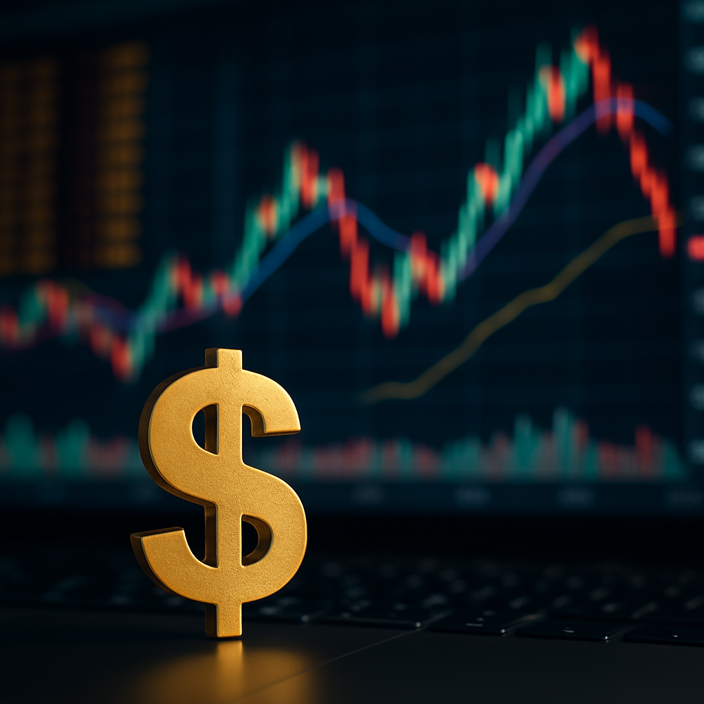 A golden dollar symbol standing on a surface with blurred, fluctuating stock market charts in the background.