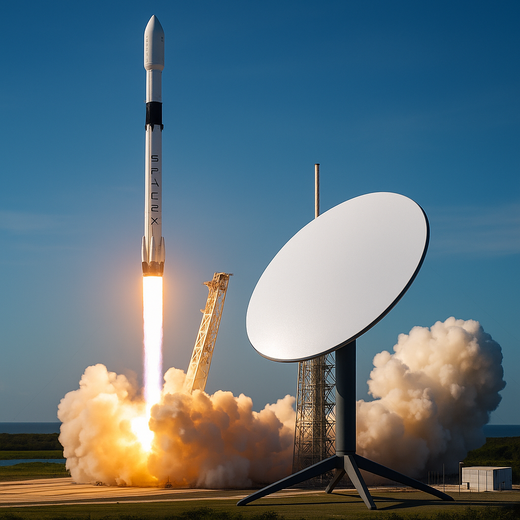 A SpaceX rocket lifting off with bright engine flames and thick launch-pad smoke, with a large satellite dish positioned in the foreground.