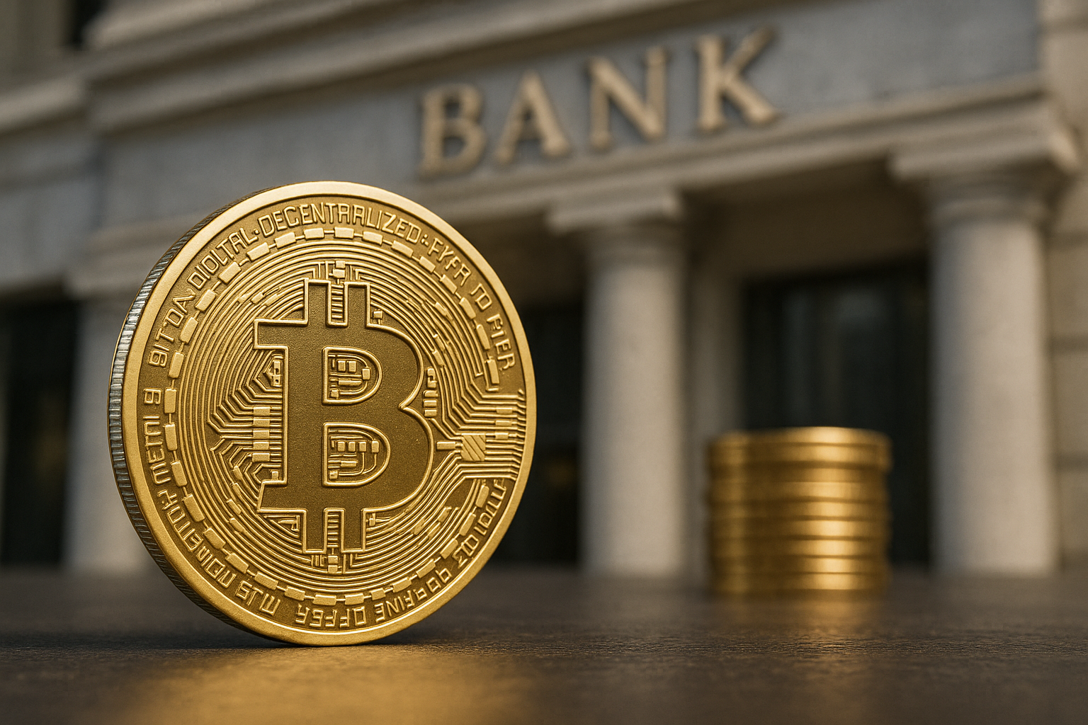 A gold Bitcoin standing upright in front of a blurred neoclassical bank building with columns and stacked coins nearby.