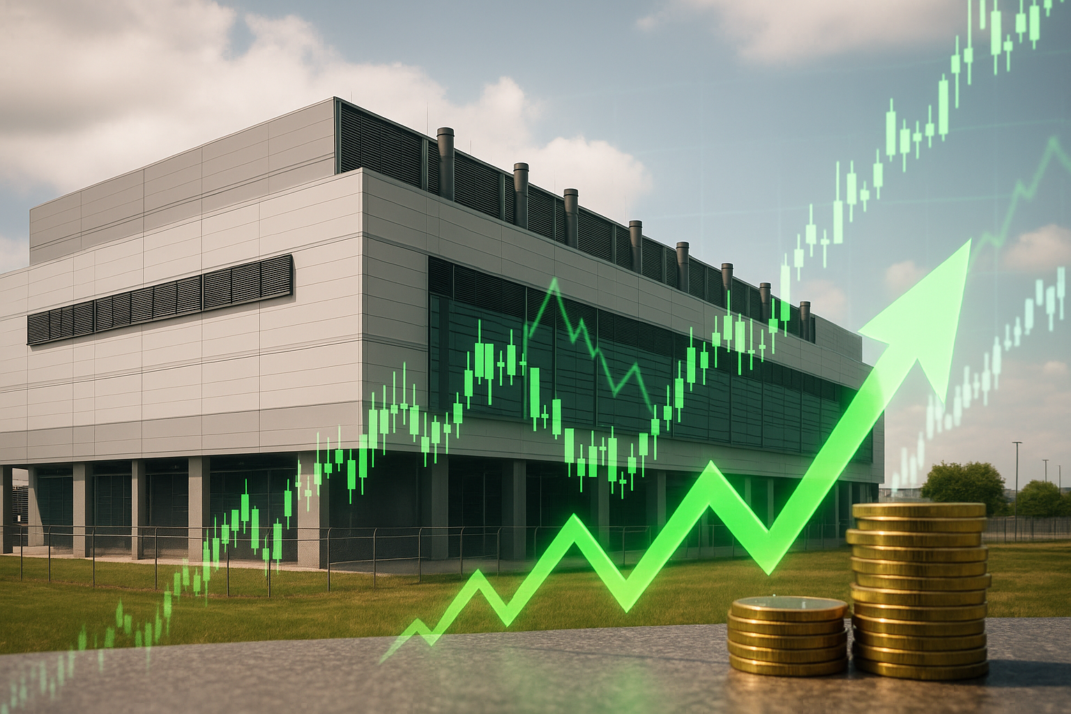 A modern data-center building with cooling vents in daylight, with stacked gold coins in the foreground and blurred green financial chart lines rising upward.