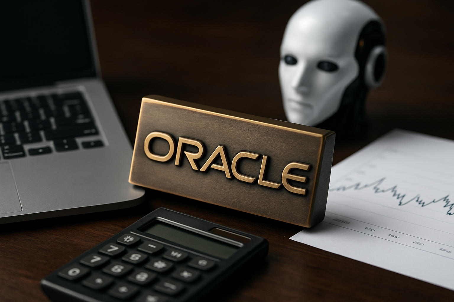 A photorealistic scene showing a desk with a bronze corporate plaque, a laptop, a calculator, financial charts, and a humanoid robot head in the background, symbolizing artificial intelligence and financial analysis.