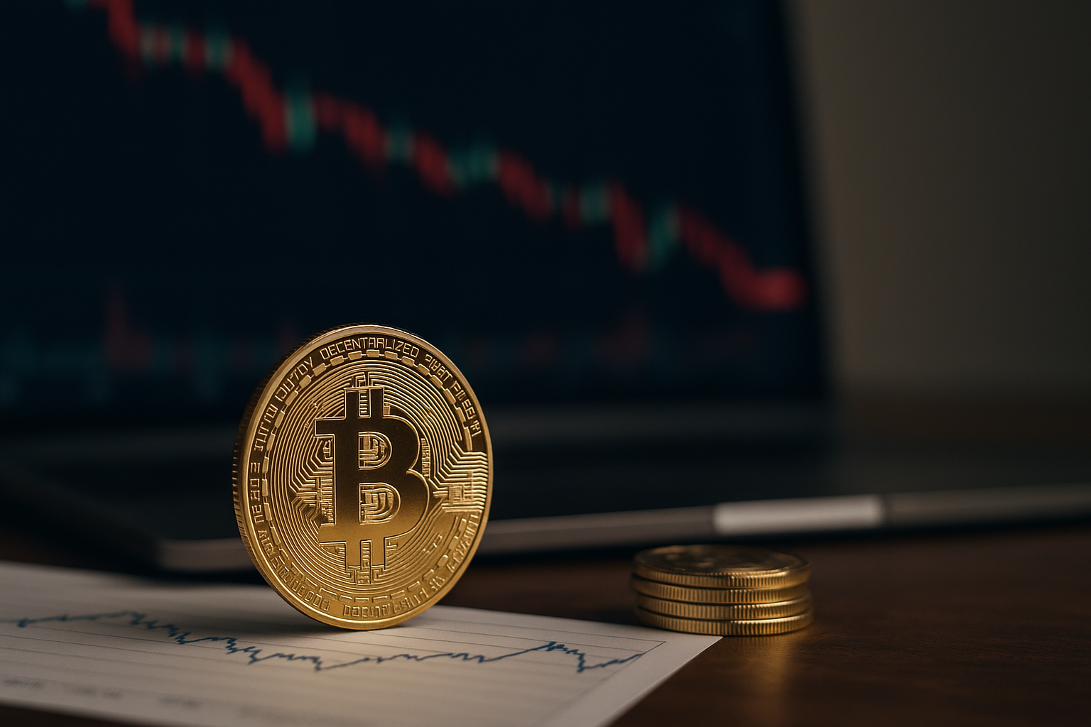 A photorealistic image of a gold Bitcoin coin in front of a blurred downward-trending financial chart, with stacked coins and market papers on a desk.