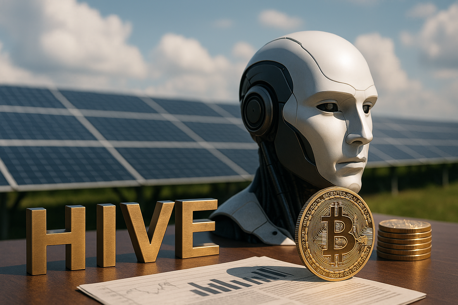 A photorealistic scene featuring a humanoid robot head, a gold Bitcoin coin, and metal letters on a desk in front of a large solar panel field under a bright sky, symbolizing AI, digital assets, and renewable-powered infrastructure.