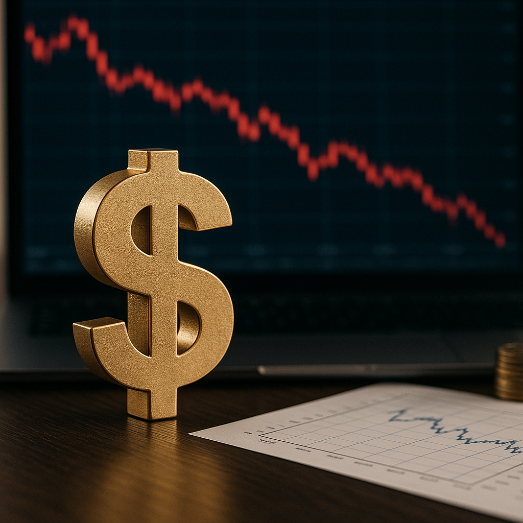 A photorealistic scene showing a gold dollar symbol on a wooden desk with financial charts, while a laptop screen in the background displays a red downward-trending candlestick chart.