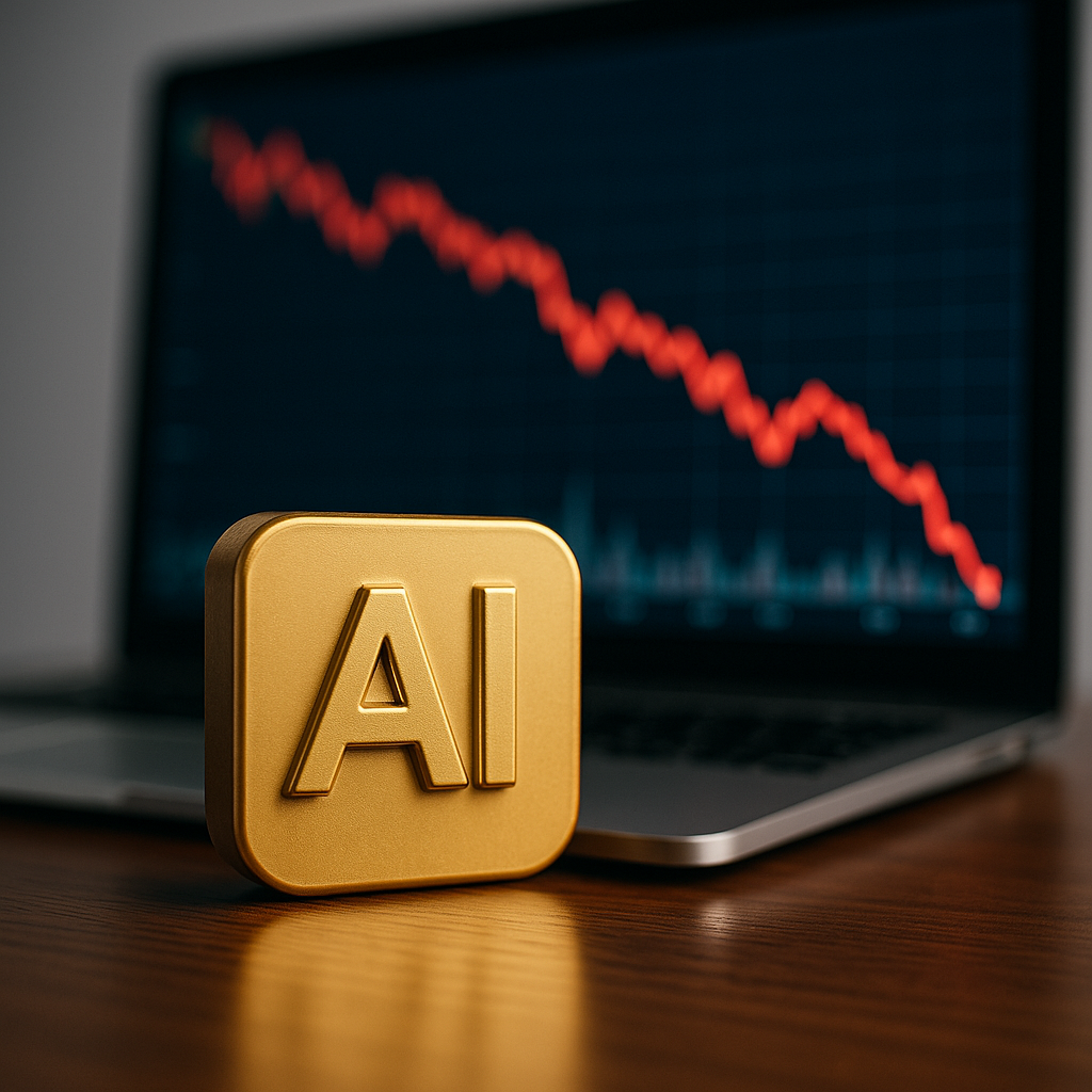 A photorealistic image of a gold AI symbol on a wooden desk with a blurred laptop screen in the background showing a steep red downward-trending stock chart.