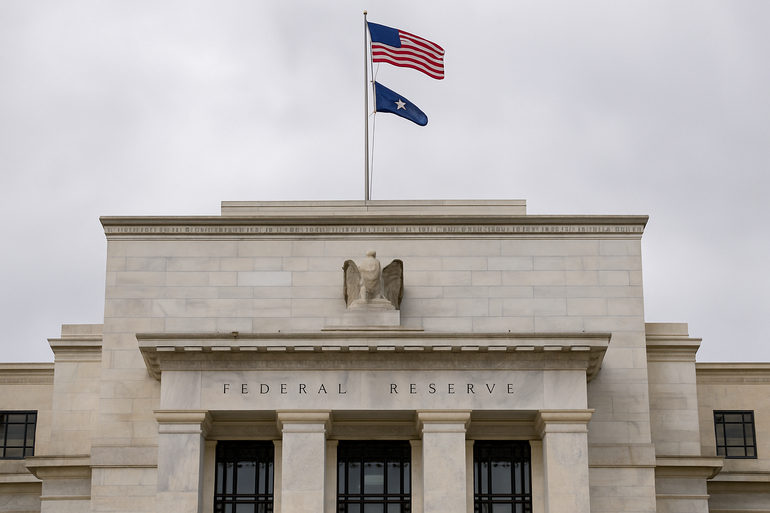 A photorealistic image of the U.S. Federal Reserve building under a clear sky, with American flags and classical stone architecture representing economic policy and financial decision-making.