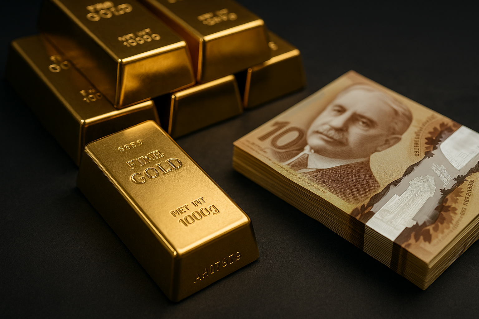 A photorealistic image of a gold nugget placed on dark rock with a geologist’s hammer nearby, symbolizing mineral exploration and early-stage mining activity.