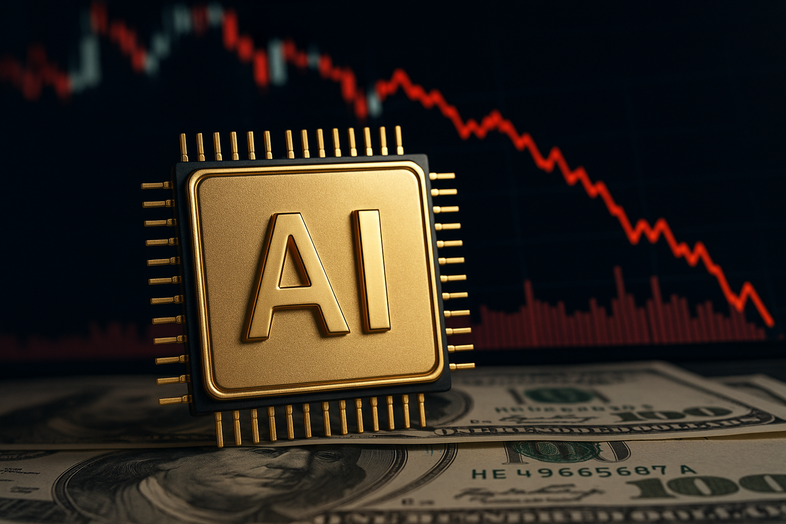 Close-up of a gold-toned AI microchip on U.S. dollar bills with a red downward stock chart blurred in the background.
