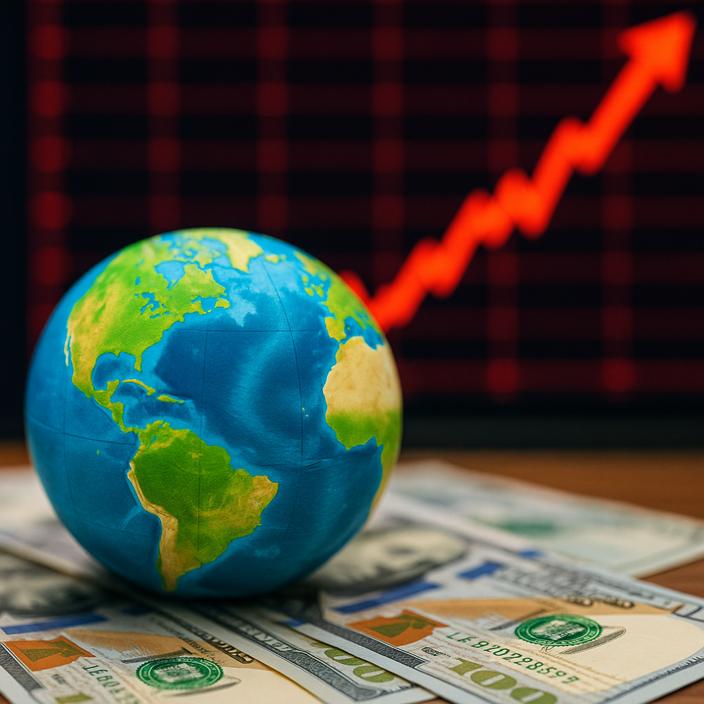 Small globe resting on U.S. dollar bills with a blurred upward market arrow and chart in the background.