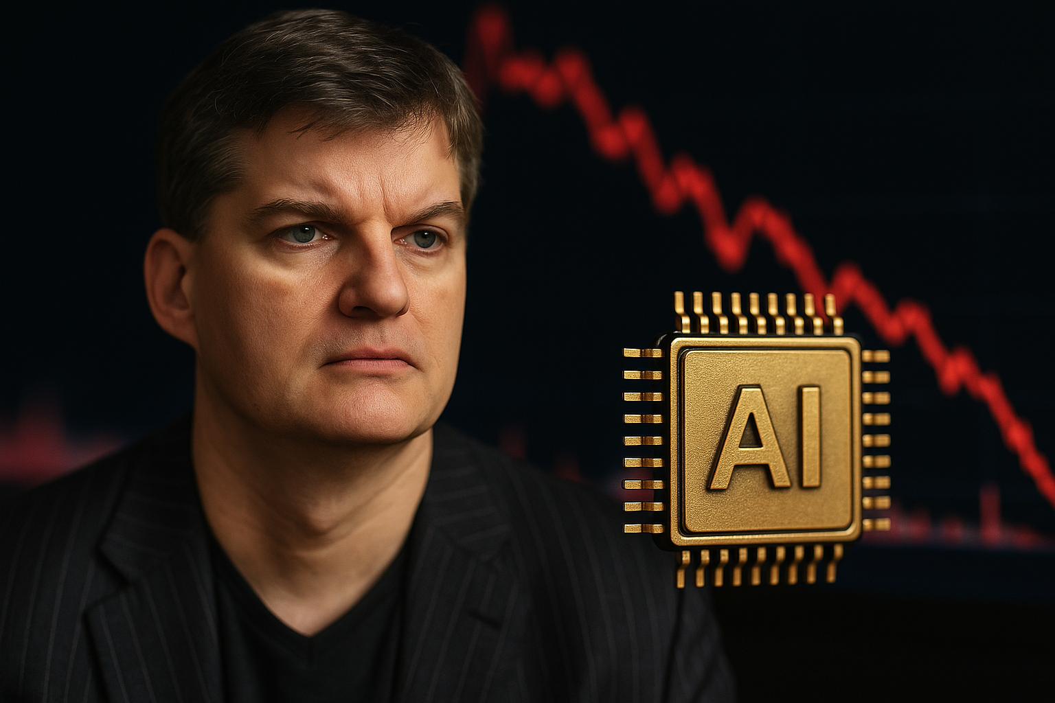 Serious-looking investor portrait beside a gold-toned AI microchip with a blurred red downward market chart in the background.