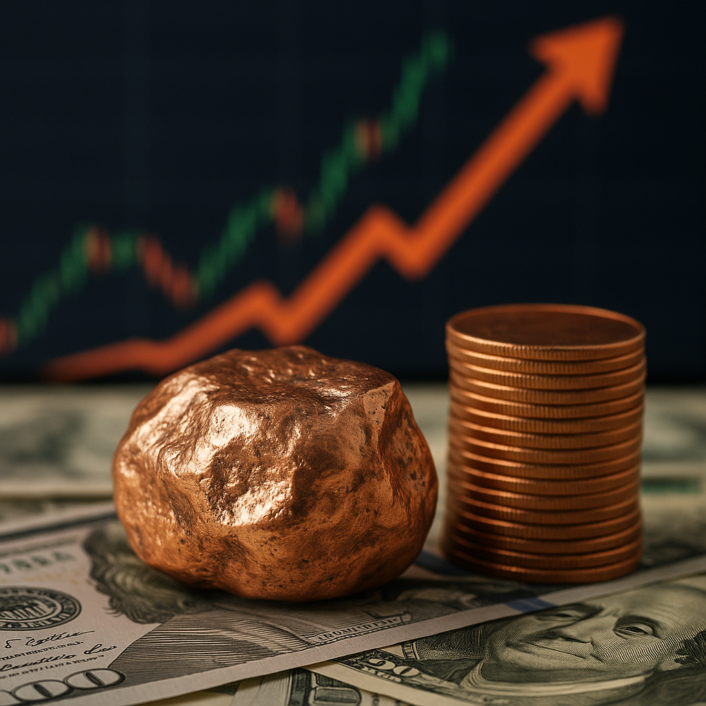 Copper nugget beside a stack of coins on U.S. dollar bills with a blurred rising market chart in the background.