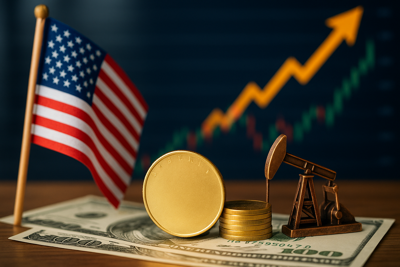 U.S. flag beside gold coins and a small oil pumpjack on dollar bills, with a blurred upward market chart in the background.