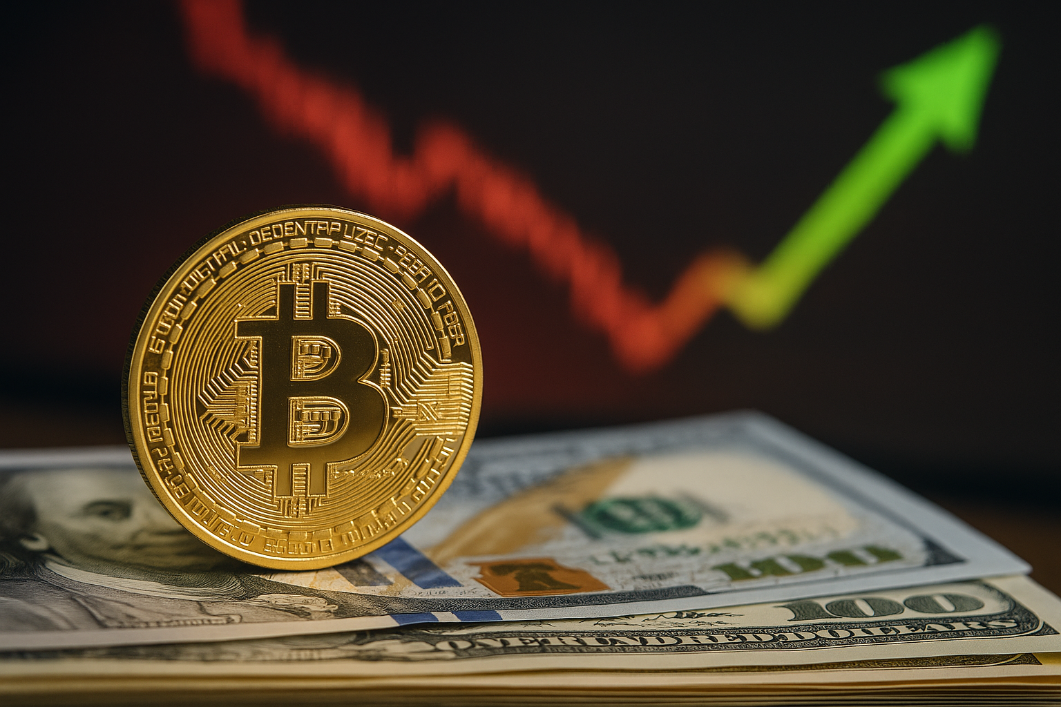 Gold Bitcoin coin on U.S. hundred-dollar bills with a blurred red candlestick chart and green upward arrow in the background.
